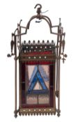 A late Victorian brass and stained glass ceiling lantern, circa 1900; of square section,