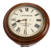 J W Benson Ludgate Hill, a large mahogany wall clock having a signed eight-day duration,