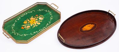 A mahogany and marquetry oval tray in George III style,