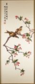Two Oriental silkwork pictures of birds in trees,