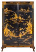 A suite of black lacquered and parcel gilt bedroom furniture, in early 18th century taste,