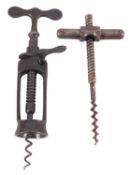 An all steel London rack type corkscrew, with shaped handle and matching side handle,