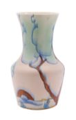 A Clarice Cliff Bizarre vase, shape 385, painted in muted tones in the Gloria Bridge pattern,