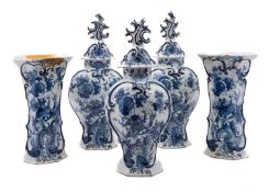 A garniture of five Dutch [Het Bijltje] blue and white delftware vases and three covers,