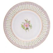A Swansea botanical plate painted with a single pink dog rose spray within a wide border of