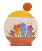 A Clarice Cliff Bizarre Bon Jour preserve pot and cover decorated in the 'Autumn Crocus' pattern,