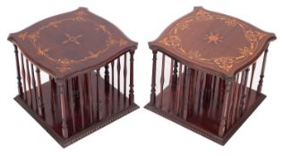 Two similar Victorian mahogany and marquetry revolving book stands,