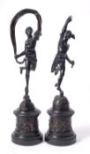 A pair of Continental patinated bronze and marble mounted models of Mercury and Fortuna,
