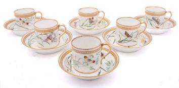 A set of six Royal Worcester porcelain coffee cans and six saucers painted with insects amongst