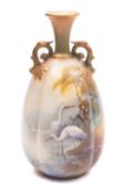 A Royal Worcester Hadley Ware vase by Walter Powell of lobed ovoid form with stalk handles,