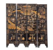 A Chinese parcel gilt lacquered and carved bone and soapstone mounted four fold screen,