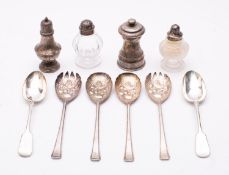 A mixed group of silver plated including; a modern pepper grinder, a vase shaped spice caster,