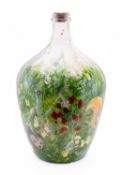A glass carboy painted overall with two squirrels,