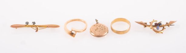 A mixed group of jewellery, including a bar brooch set with three stones, catch missing from verso,