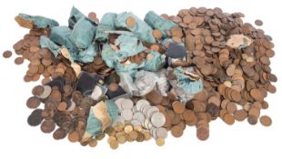 A large quantity of pre-decimal British coinage, including brass threepence, pennies, halfcrowns,