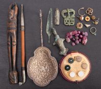 A mixed lot of Artifacts, including ancient spearhead, bottle, spoon, Japanese pipe in holder, etc.