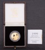 A 1999 gold proof 1/4oz Britannia coin, boxed with certificate.