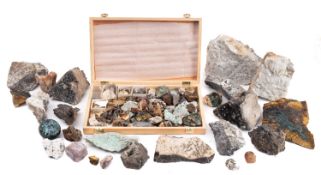 A collection of various mineral and rock samples.