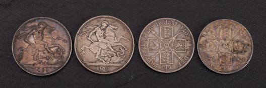 Two 1887 double Florins, with two 1889 Crowns.
