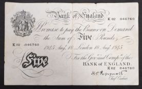 Bank Of England Peppiatt 1945 white £5 note
