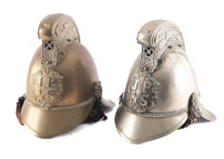 Two 'Merrywether' pattern helmets for the private Fire brigade of John Pitts & Son,