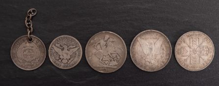 An 1887 double Florin, 1821 Crown, USA 1879 Dollar, 1907 half dollar,