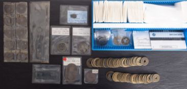 A collection of mainly Chinese cash coins in packets and loose, including hoe money,
