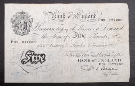 A Bank of England white five pound note, Beale London, 3 Jan 1950.