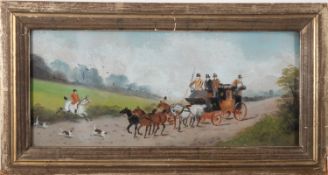 British School, 19th/ 20th Century - Mail Coach - Gouache - 15 x 35.