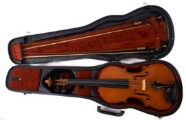 A 20th century German student violin with two unsigned bows in a hard shell case.