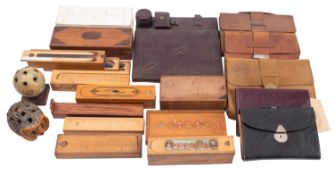 A collection of various wooden pencil boxes together with a pottery hedgehog pencil holder ,