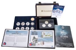 Douglas Bader Silver proof £5 coin, A Tribute to the Armed Services £5 silver coin set,