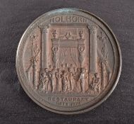 A Holborn Restaurant, est. 1874 medal, 68mm, presented to Sir William Pink 1896.