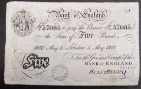 A 1920 Bank of England, 5 May White 5 note, stamps Eastgate Middlesex. Scarce.