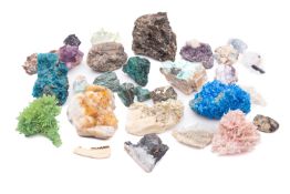 Collection of various mineral specimens including Amethyst, a copper nugget, calcite, raw citrine,
