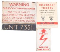 An enamel 'This Roof Is Fragile' warning sign, and electrical warning sign,