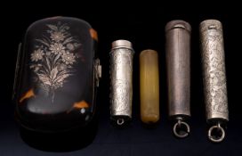 Three silver cheroot holder cases, various makers and dates, one with horn holder,
