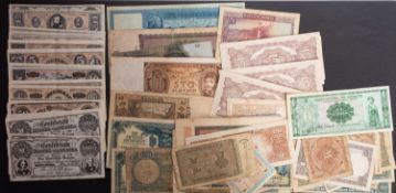 A group of World banknotes, including USA, France, etc.