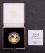 A 1999 gold proof 1/4oz Britannia coin, boxed with certificate.