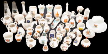 A collection of Goss Crested wares including a Lighthouse, Horse, Beer Bowl, Rufus Stone, Slippers,