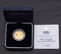 A 1997 22ct gold proof Guernsey £25 coin, 7.8g. boxed with certificate.