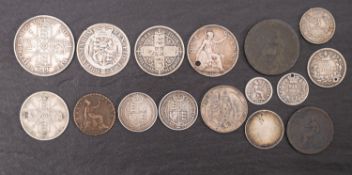 A group of coins, including 1887 double Florin, 1853 Florin, etc.