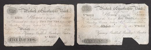 Wisbech & Lincolnshire bank £5 & £10 notes , 1894.