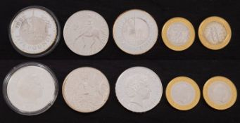 Two 2000 silver five pound coins, 2003, 2004 proof £2 coins, and 1977 silver crown.