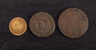 A 1808 1/3 guinea, with Charles II 1673 half penny and 1679 Scottish Bauiber.