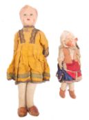 Two early 20th century German composition head dolls, both with painted faces over linen bodies,