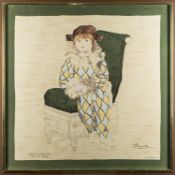 After Pablo Picasso (1881-1973). A framed silk scarf 'Paul En Arlequin.