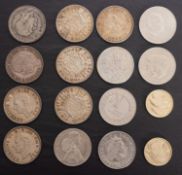 Six 1937 crowns with two 1935 crowns, £5 and £2 coins etc.