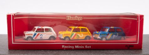 Corgi 'Hamleys' Racing Minis Set, comprising three cars, white No.2, yellow No, 5 and blue No.
