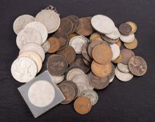 A Tin of coins, including Victorian Golden Jubilee silver medal.